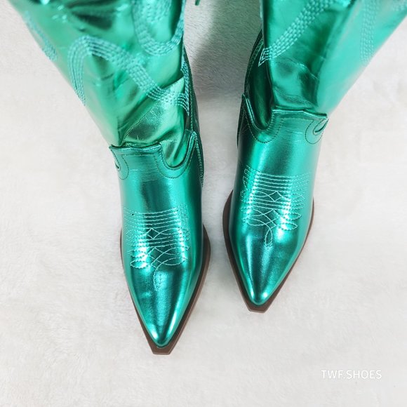 Country Disco Cowboy Metallic Green Western Cowgirl OTK Thigh Boots New - Picture 7 of 15